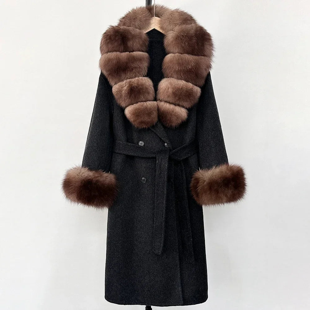 Wool Blends Coat Fashion Long Natural Warm Real Fox Fur Jacket
