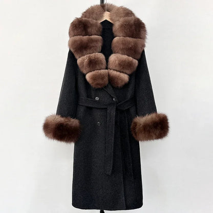 Wool Blends Coat Fashion Long Natural Warm Real Fox Fur Jacket