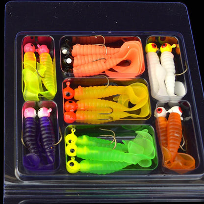 17pcs Metal Jig Head Fishing Hooks + 17pcs Soft Worm Lure Grub Silicone