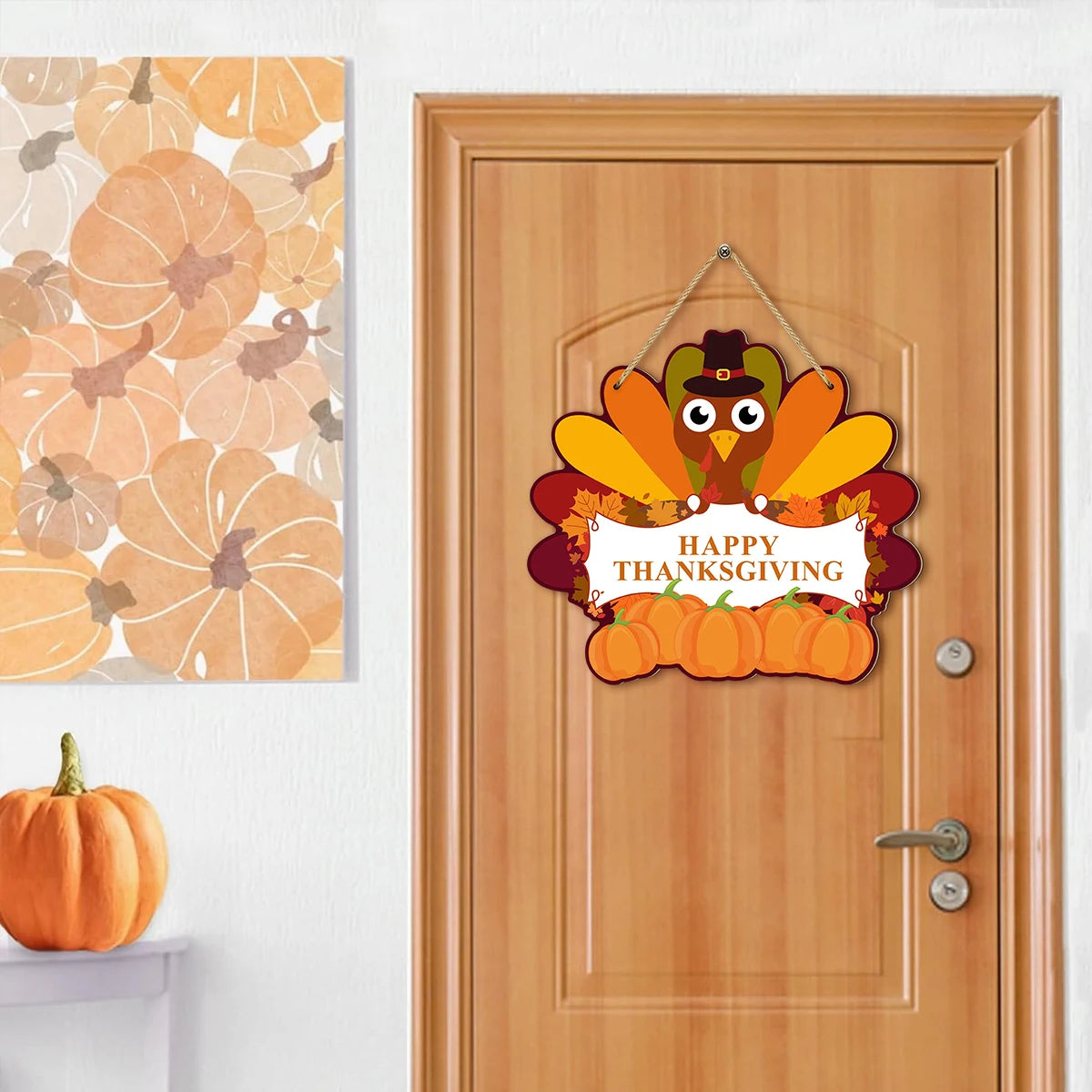 Thanksgiving - themed Wooden Hanging Sign with Cute Turkey,