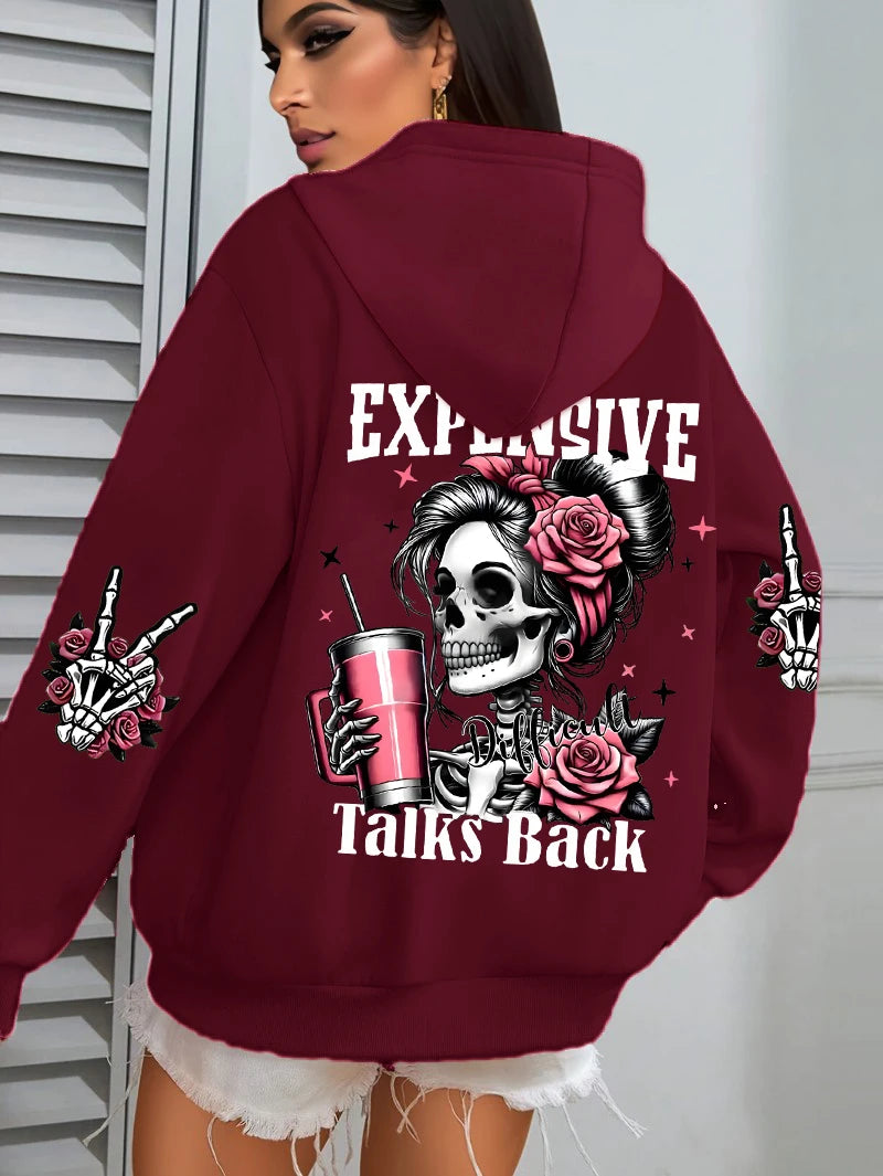 Expensive Talks Back Funny Printing Womens Hoodie Loose Multicolor