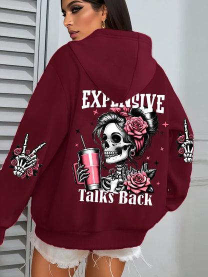 Expensive Talks Back Funny Printing Womens Hoodie Loose Multicolor