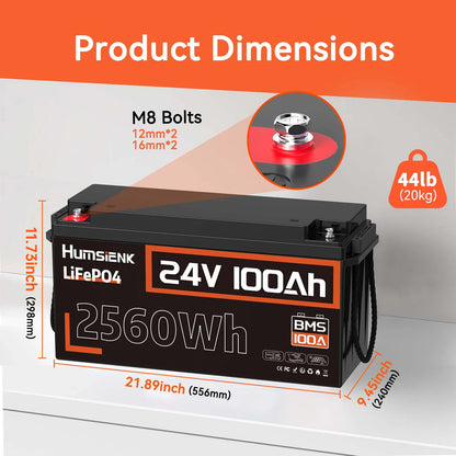 Humsienk 24V 100Ah LiFePO4 Battery 15000 Cycle 100A BMS UP 2560W
