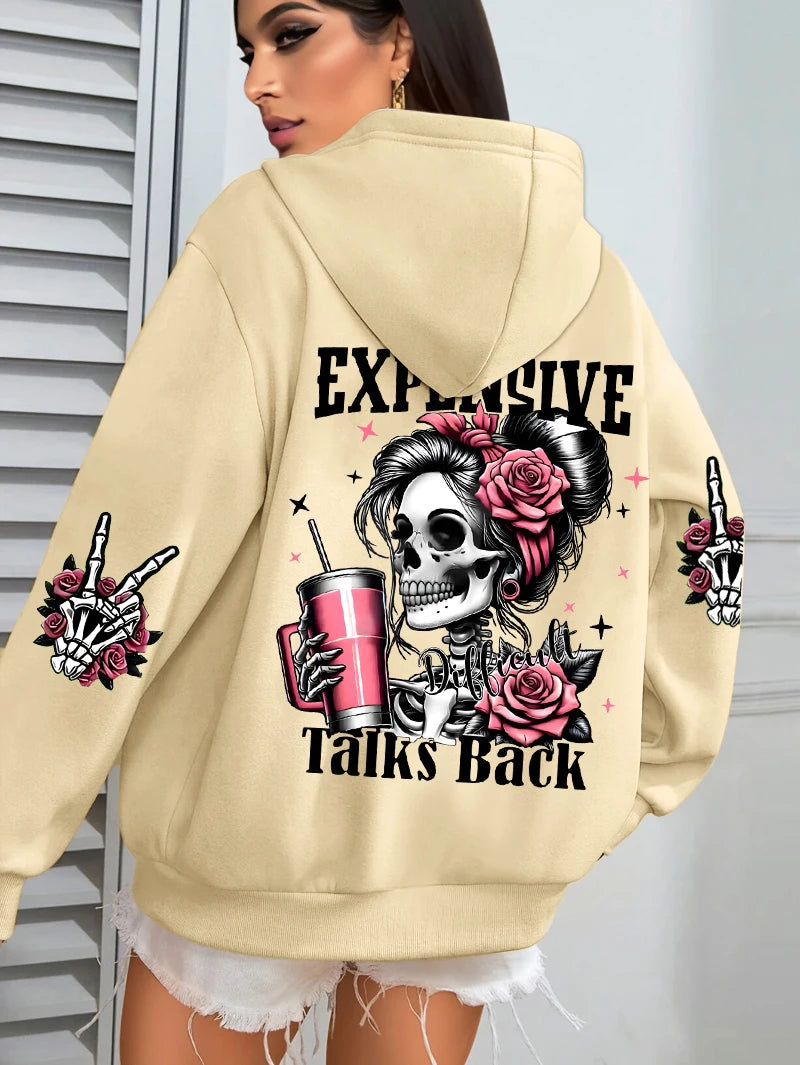 Expensive Talks Back Funny Printing Womens Hoodie Loose Multicolor