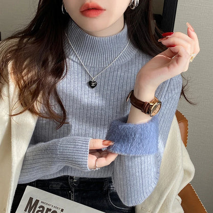 Women's Turtleneck Sweater Winter 2025 Retro with Velvet Lining