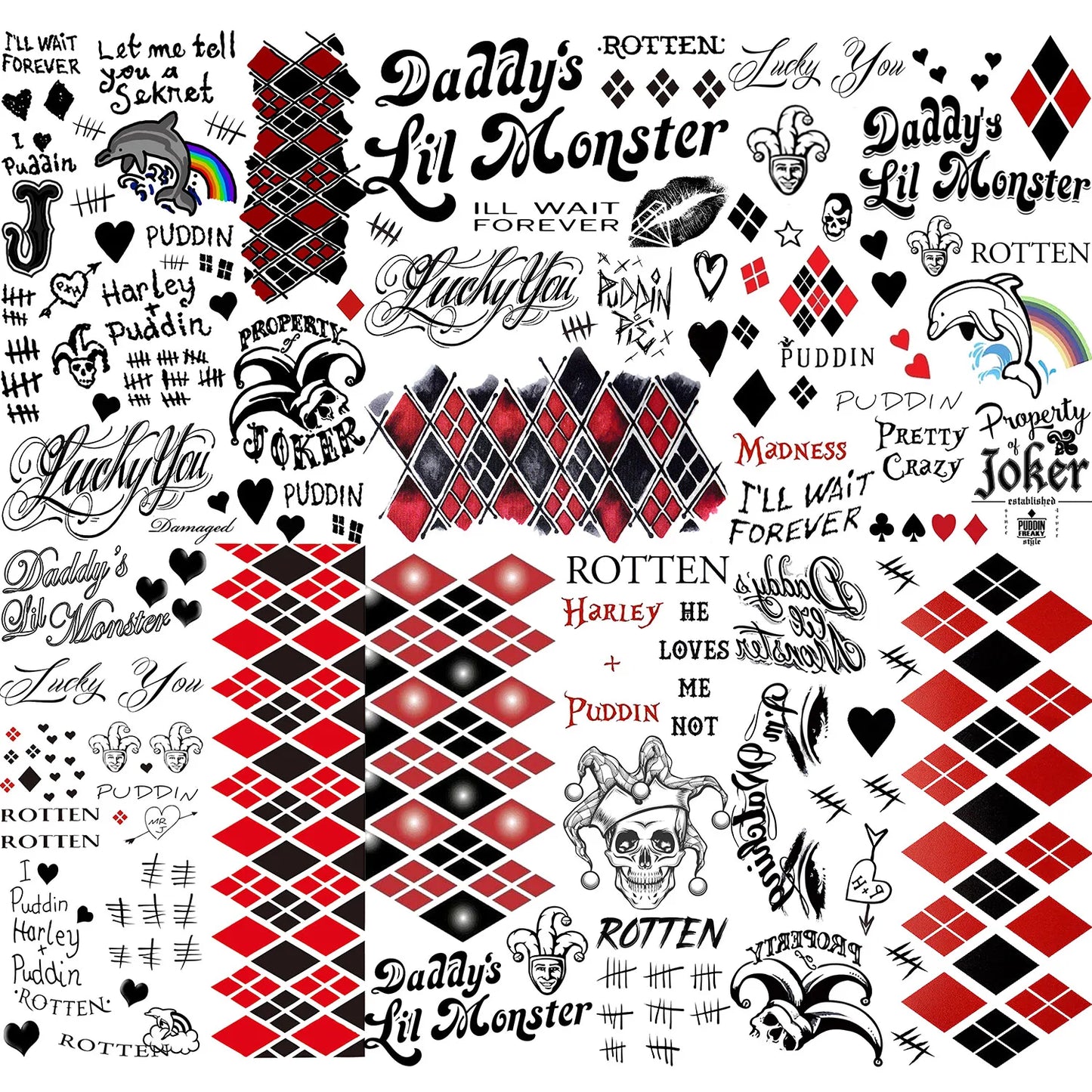 5 Sheets Crazy Joker Halloween Tattoos Evil Skull