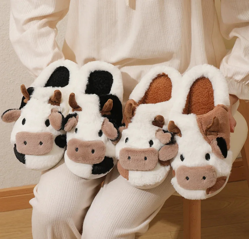 Winter Home Slippers for Couples Warm Plush Neutral Cartoon Cow I