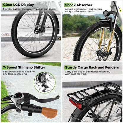 Cybervelo EK2 26" Electric E Bike with 7-Speed,1000