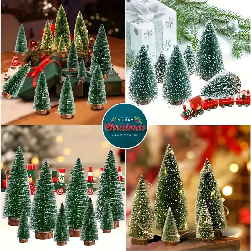 6pcs Mini Christmas Trees, Sisal Trees With Wood Base,