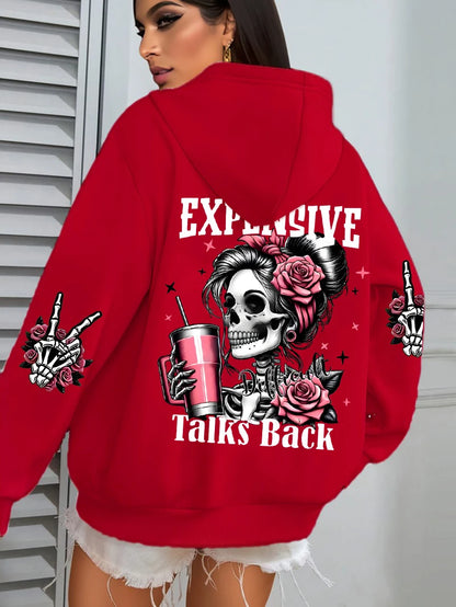Expensive Talks Back Funny Printing Womens Hoodie Loose Multicolor