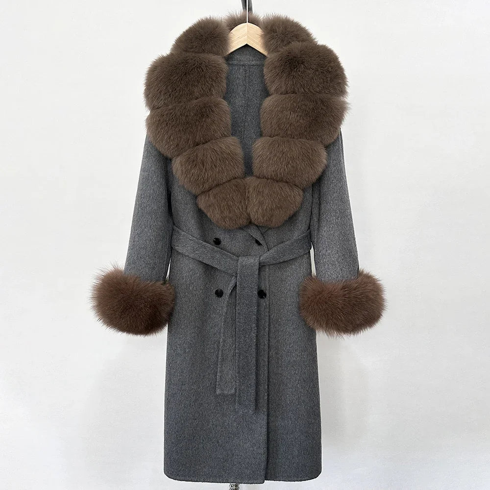 Wool Blends Coat Fashion Long Natural Warm Real Fox Fur Jacket