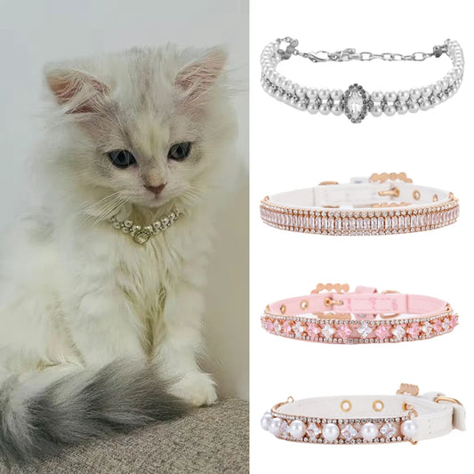 Luxury Cat Puppy Pearl Necklace Rhinestone Collar for Cats