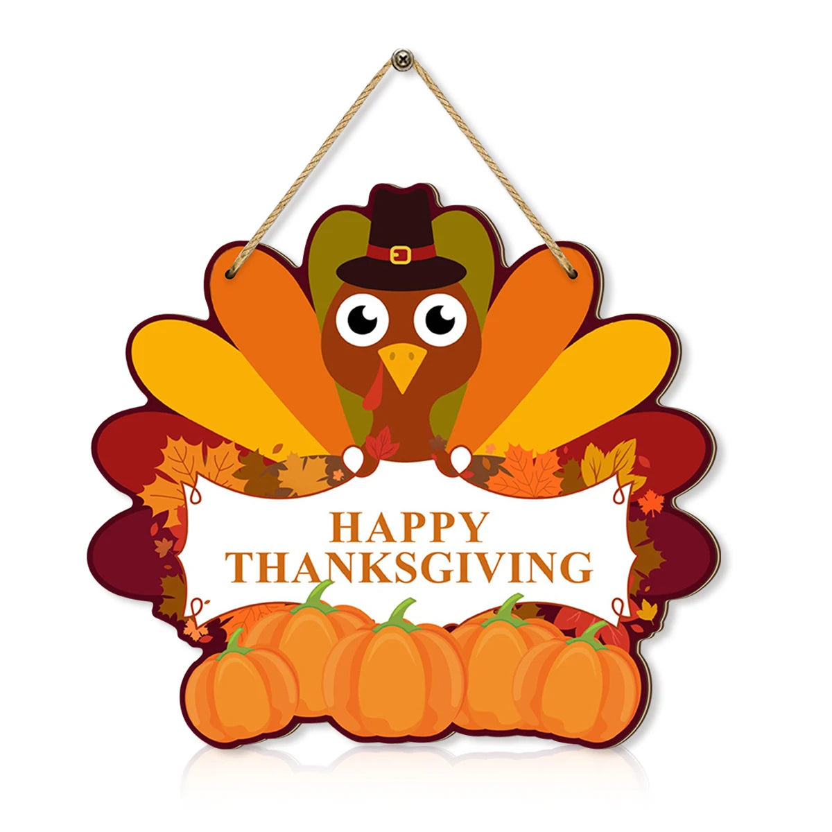Thanksgiving - themed Wooden Hanging Sign with Cute Turkey,