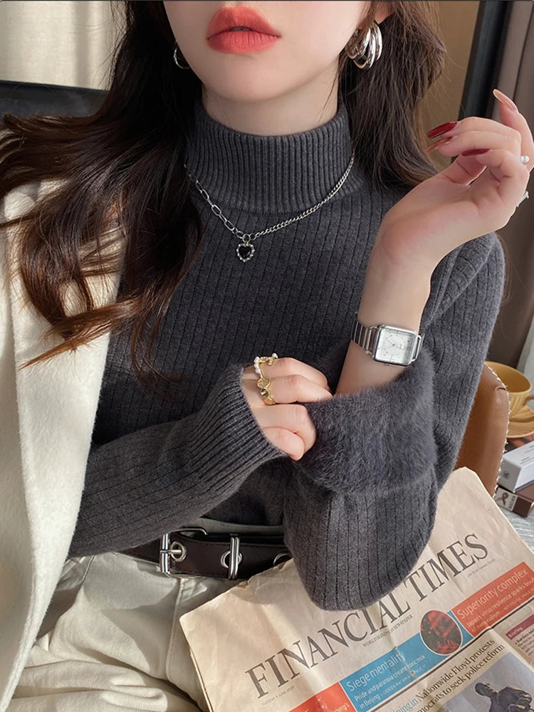 Women's Turtleneck Sweater Winter 2025 Retro with Velvet Lining