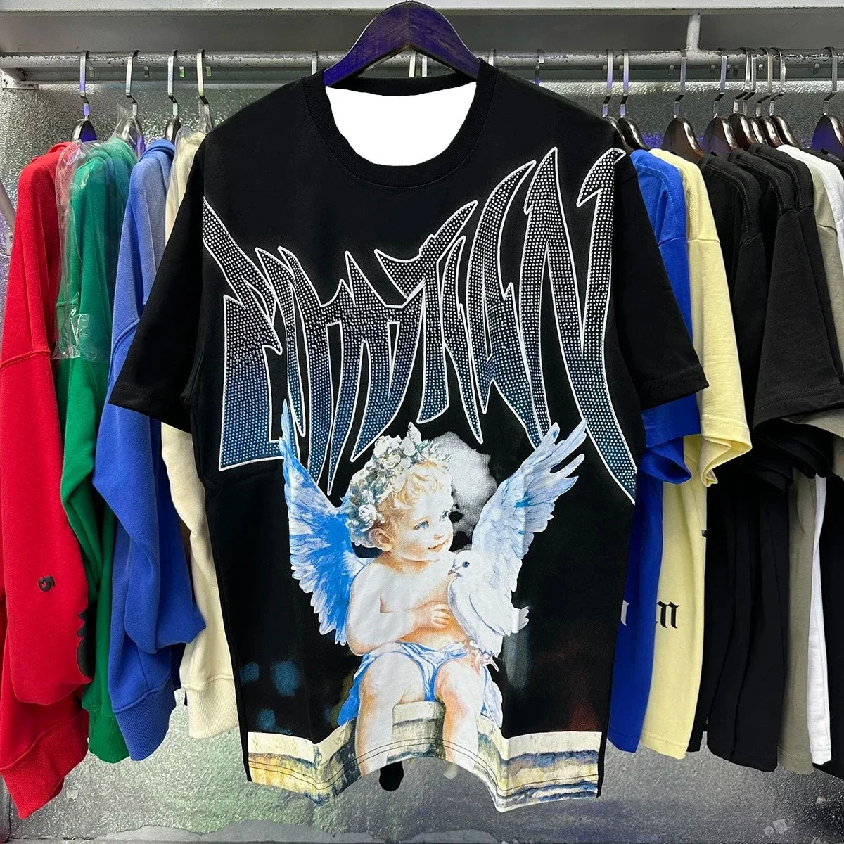 New Summer Letter Rhinestone Short Sleeve Black Men's T-Shirt