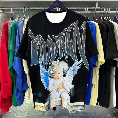 New Summer Letter Rhinestone Short Sleeve Black Men's T-Shirt