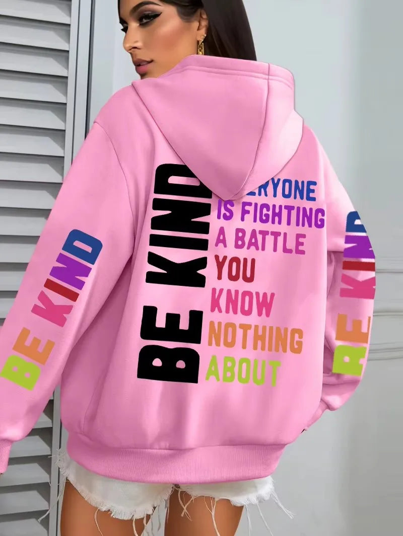 Be Kind Hoodies Women Letter Prints Winter Fleece Warm
