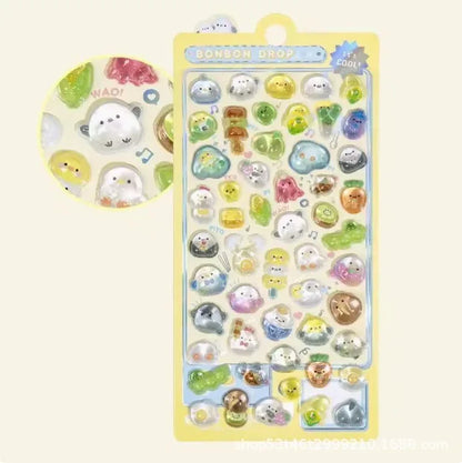 300Pcs Kawaii Cartoon 3D Relief Sticker Cute Crystal