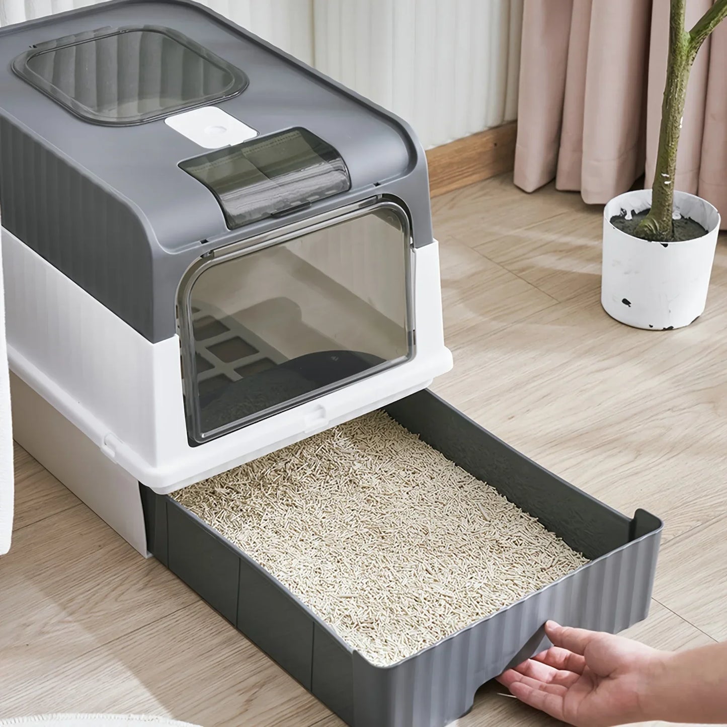 Portable Collapsible Cat Litter Pan with Splash Guard and Plastic Scoop -