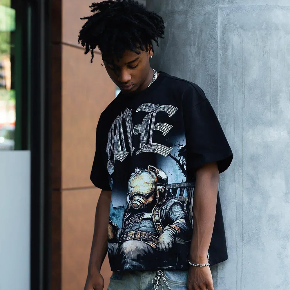 New Summer Letter Rhinestone Short Sleeve Black Men's T-Shirt