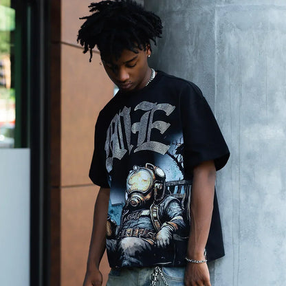 New Summer Letter Rhinestone Short Sleeve Black Men's T-Shirt