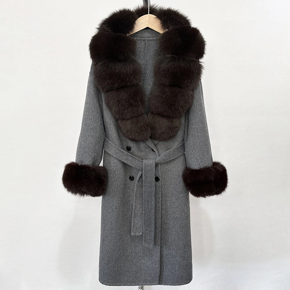 Wool Blends Coat Fashion Long Natural Warm Real Fox Fur Jacket