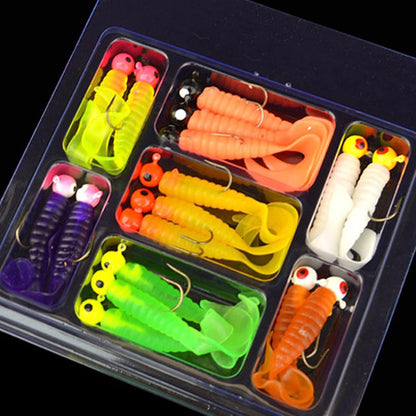 17pcs Metal Jig Head Fishing Hooks + 17pcs Soft Worm Lure Grub Silicone