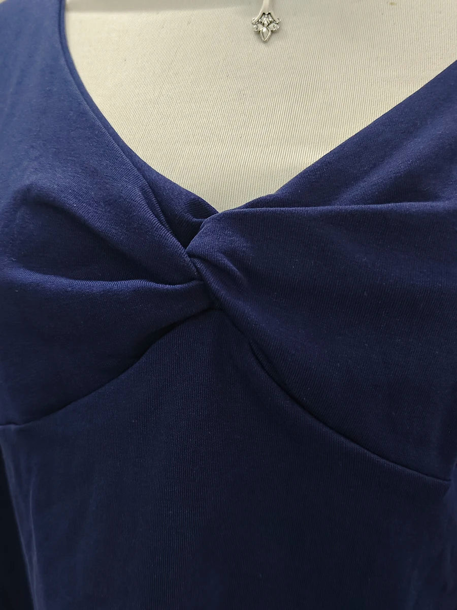 Navy Knot Long Sleeve T-shirt Woman Autumn V-neck Cotton Slim