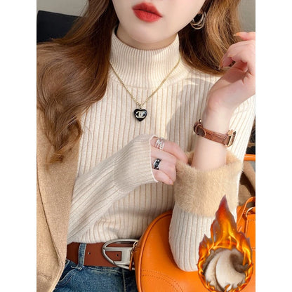 Women's Turtleneck Sweater Winter 2025 Retro with Velvet Lining