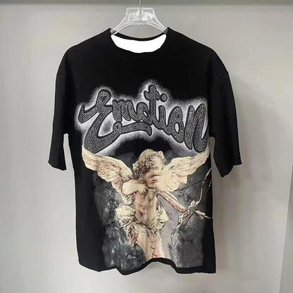 New Summer Letter Rhinestone Short Sleeve Black Men's T-Shirt