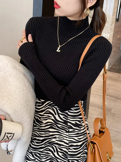 Elegant Solid Basic Knitted Tops Women Turtlneck