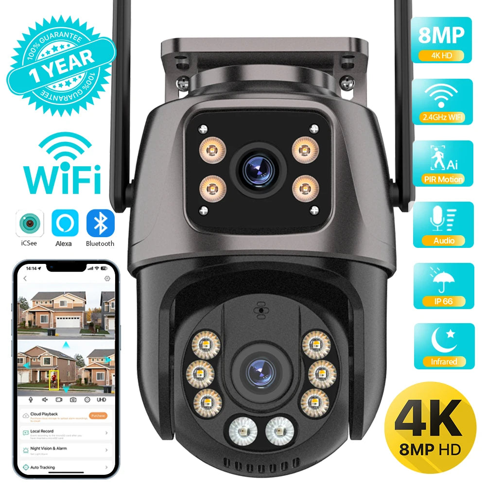 4K 8MP HD Wifi PTZ Camera Outdoor 4MP Dual Lens Dual Screen
