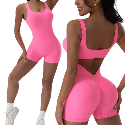 1PCS Backless Yoga Suit U Neck Sleeveless Sports Jumpsuit Solid Colour