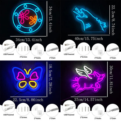 Animation Series Neon Signs, Cartoon Icons Handmade,