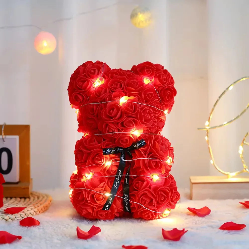 25cm Artificial Teddy Rose Flower Bear with Box Romantic Valentines Day