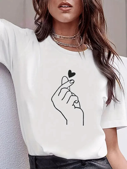 Cute Print Solid Crew Neck T-Shirt, Short Sleeve