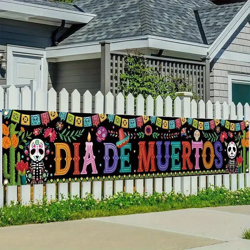 Day of the Dead skeletons and cacti, fences and banners,