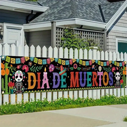 Day of the Dead skeletons and cacti, fences and banners,