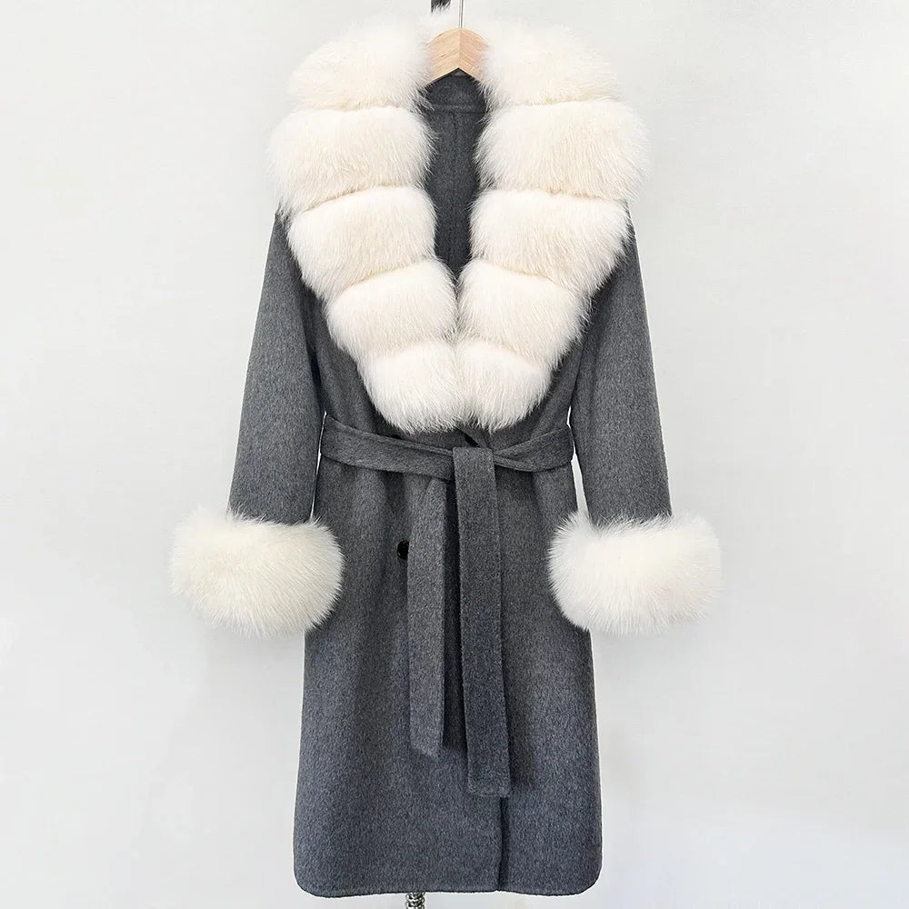 Wool Blends Coat Fashion Long Natural Warm Real Fox Fur Jacket