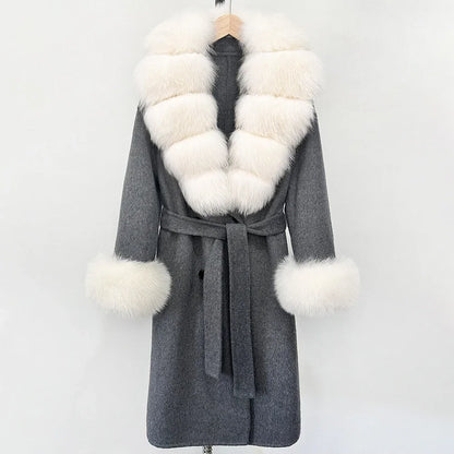 Wool Blends Coat Fashion Long Natural Warm Real Fox Fur Jacket