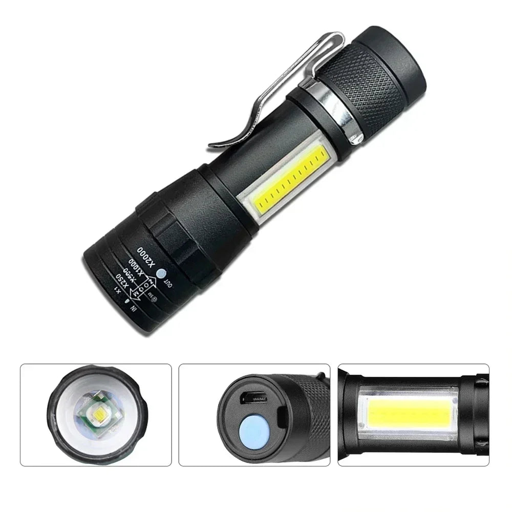 Portable Rechargeable LED Flashlight with Pen Clip Zoomable