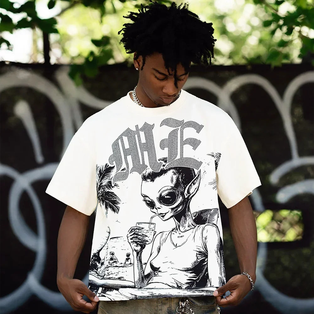 New Summer Letter Rhinestone Short Sleeve Black Men's T-Shirt