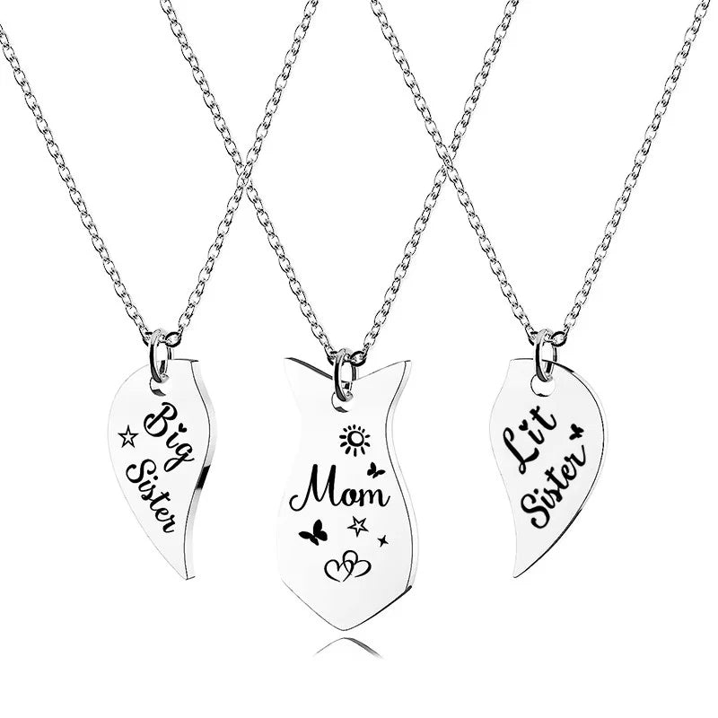 3 PCS Mom Big Sister Littler Sister Heart Matching Necklace