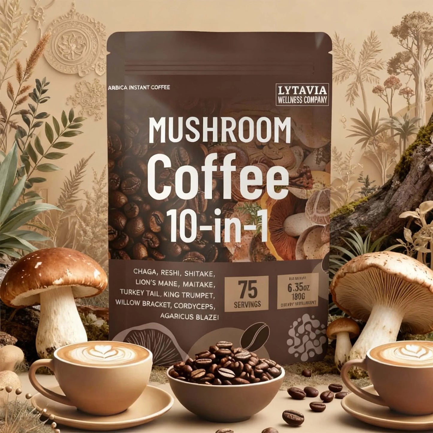 Mushroom Coffee With 10 Adaptogenic Mushrooms And MCT Oil,