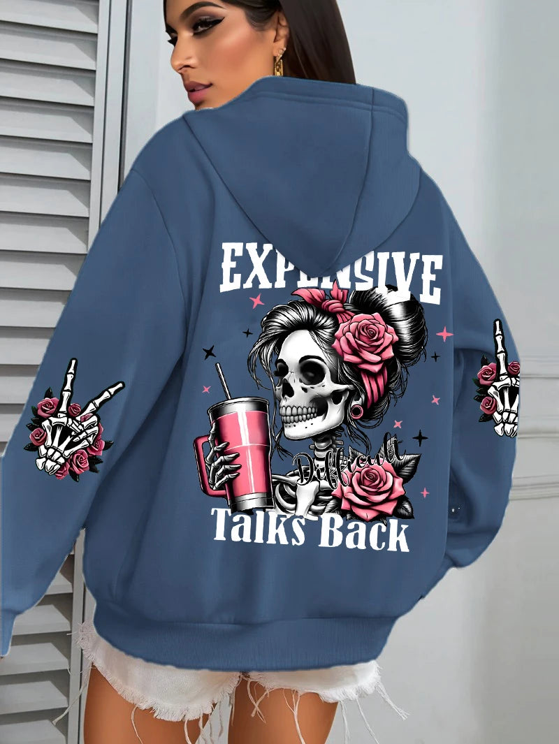 Expensive Talks Back Funny Printing Womens Hoodie Loose Multicolor