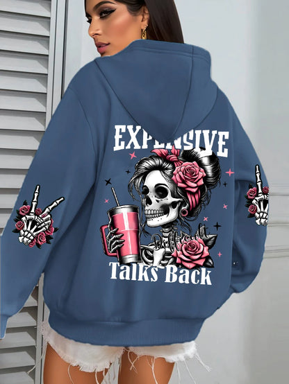 Expensive Talks Back Funny Printing Womens Hoodie Loose Multicolor