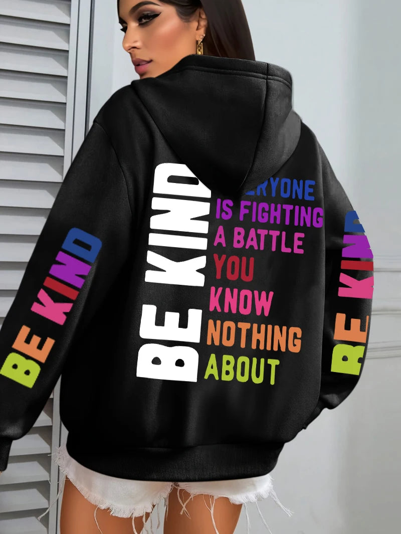 Be Kind Hoodies Women Letter Prints Winter Fleece Warm