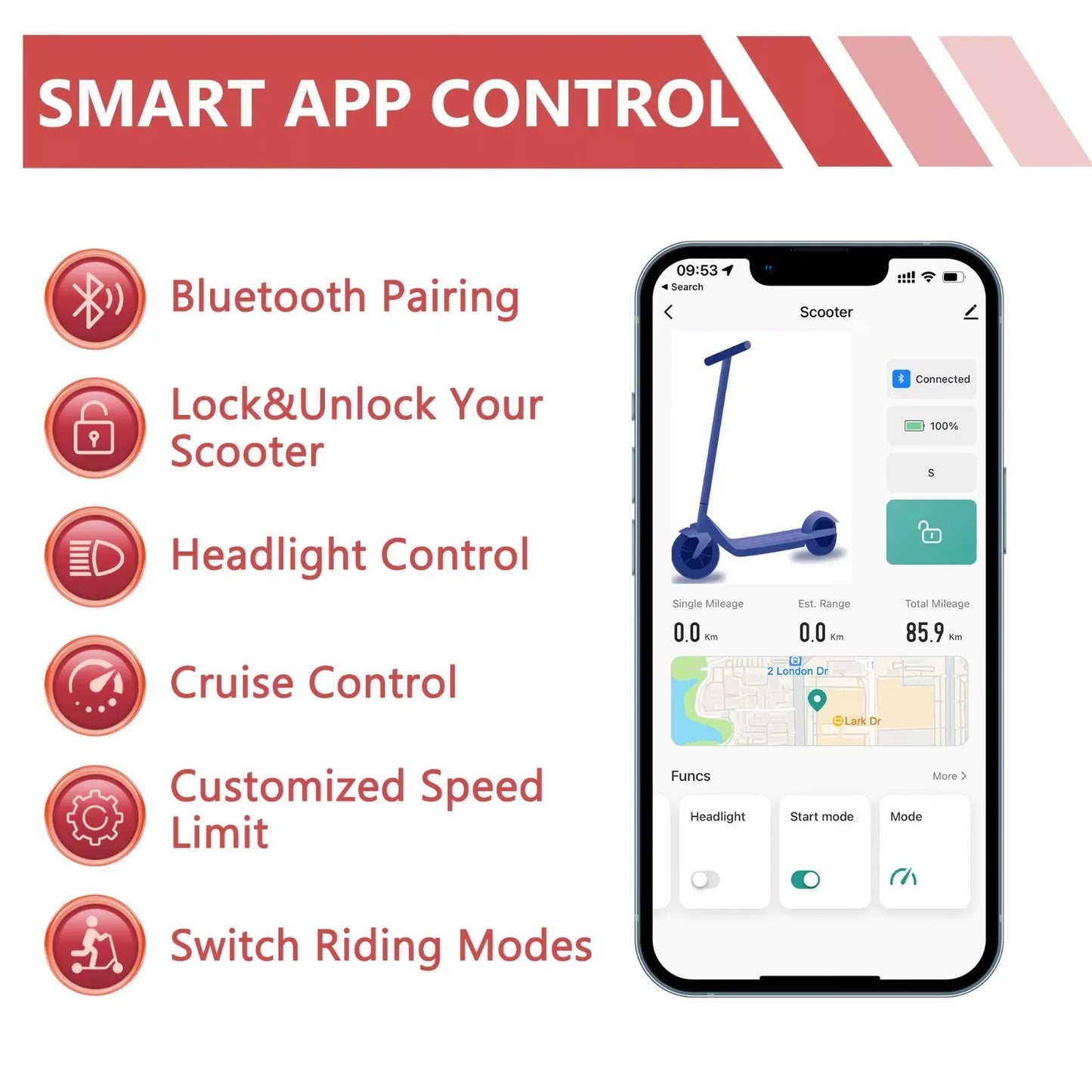 LADPED Electric Scooter 350W 19mph APP Smart Scooter