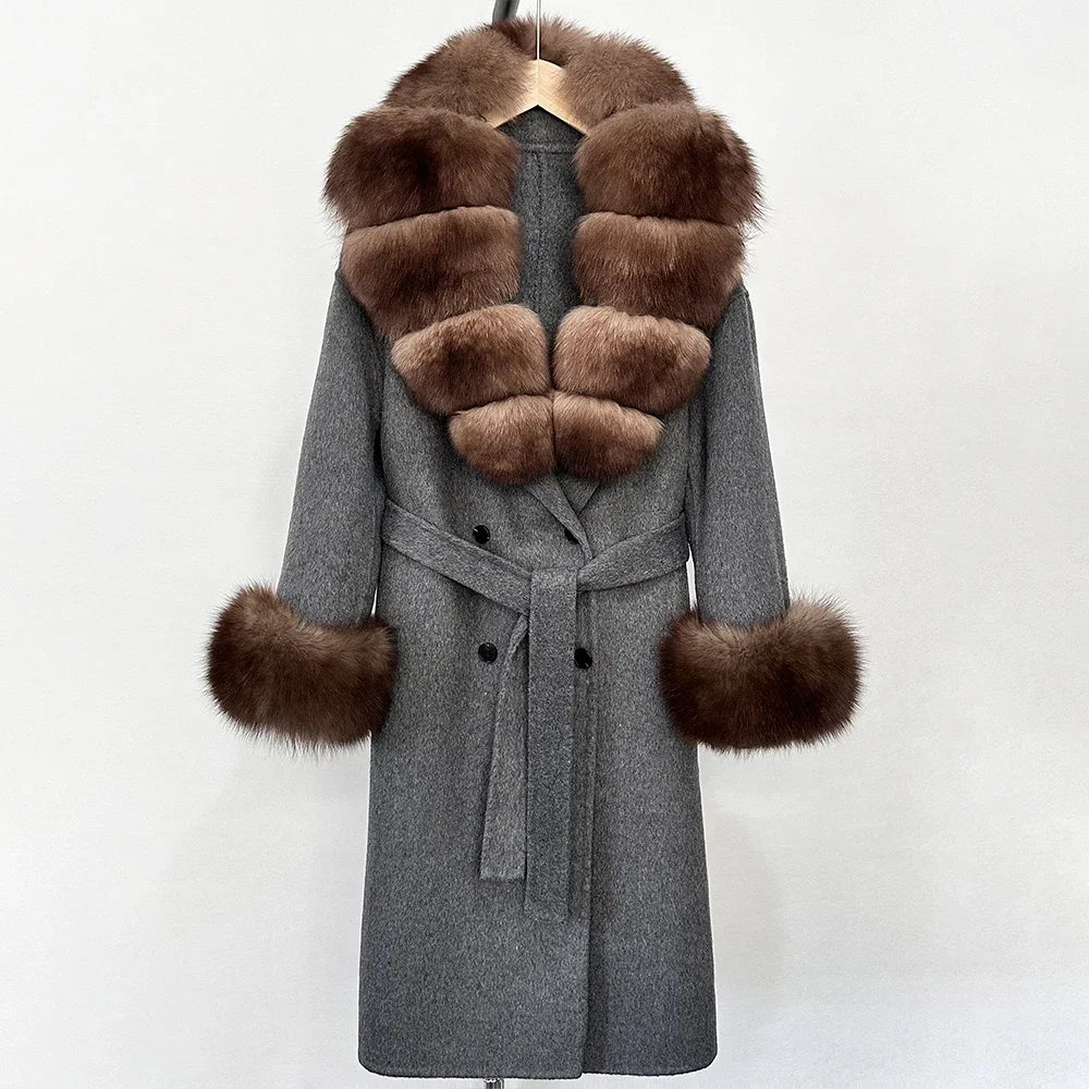 Wool Blends Coat Fashion Long Natural Warm Real Fox Fur Jacket