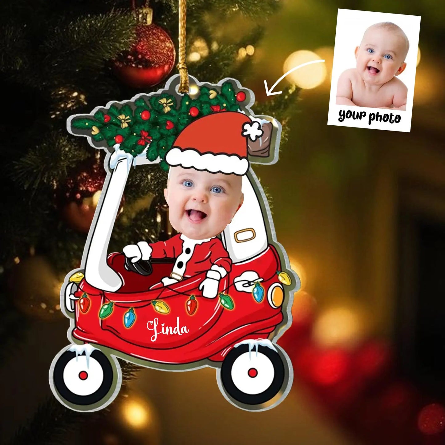 Christmas Car Ornament with Baby Photo, Personalized